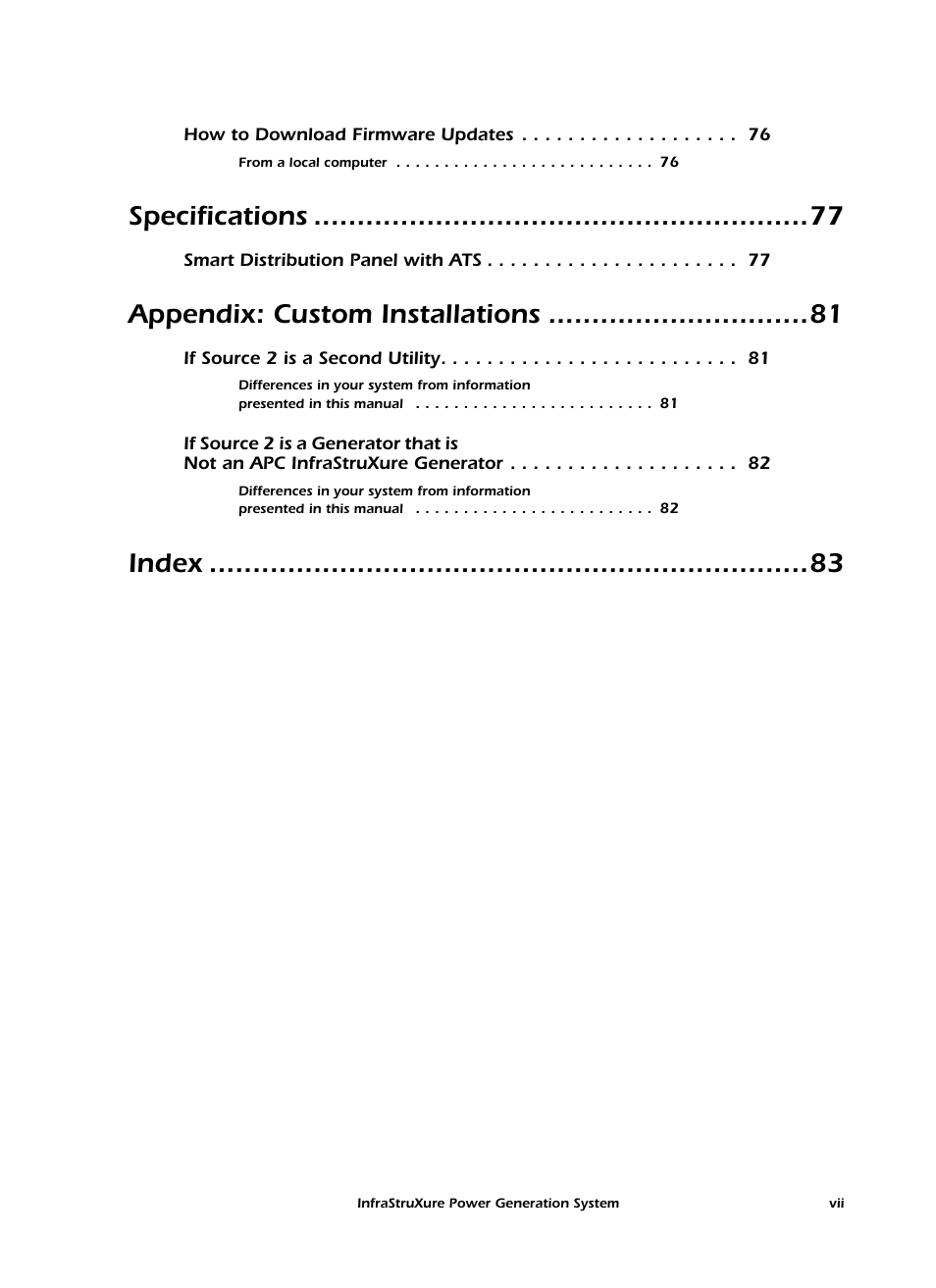 Specifications, Appendix: custom installa tions, Index | American Power Conversion 250 A User Manual | Page 9 / 100