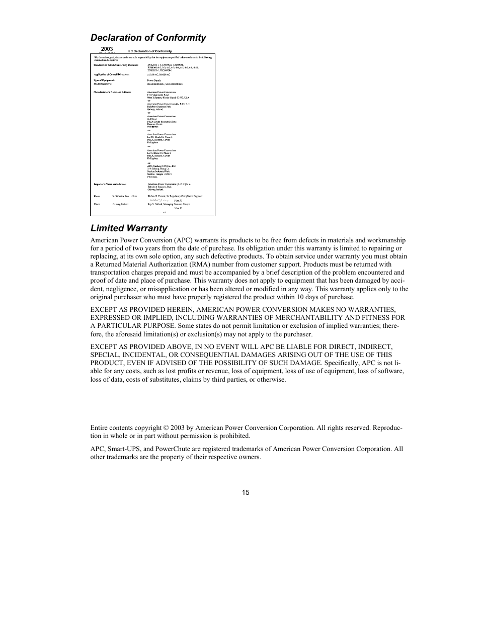 Declaration of conformity, Limited warranty | American Power Conversion 2200 VA User Manual | Page 17 / 17