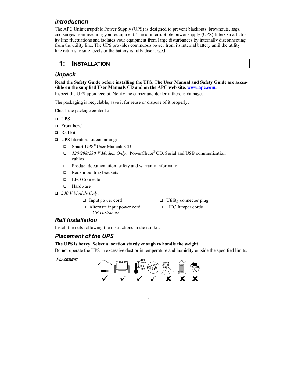 Introduction, Unpack, Rail installation | Placement of the ups | American Power Conversion 2200 VA User Manual | Page 3 / 17