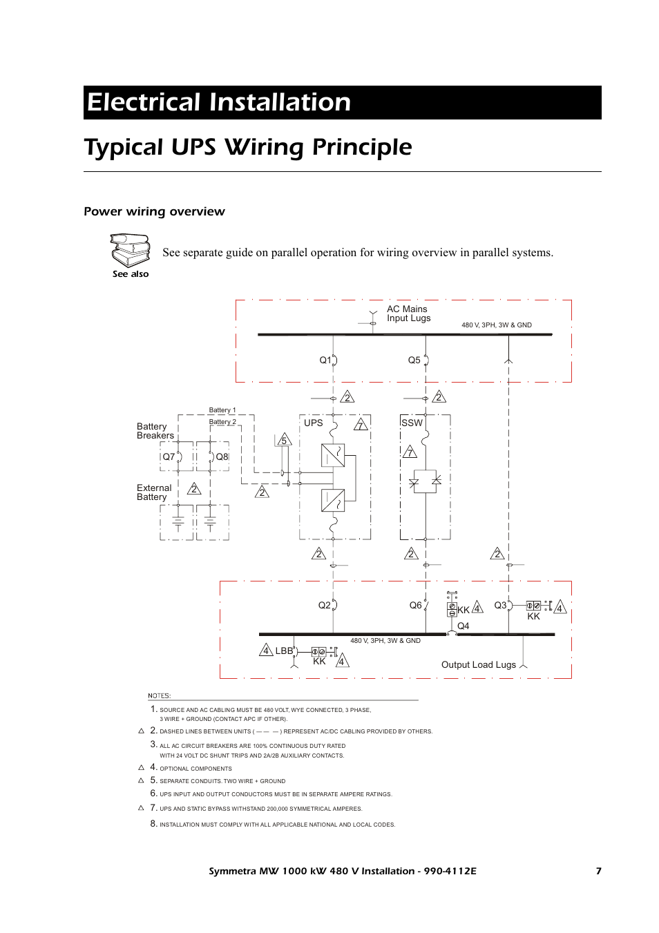 Electrical installation, Typical ups wiring principle, Power wiring overview | American Power Conversion Symmetra MW User Manual | Page 11 / 42