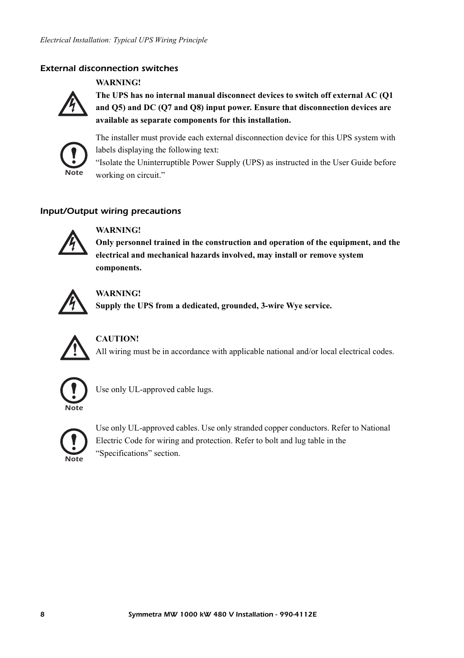 External disconnection switches, Input/output wiring precautions | American Power Conversion Symmetra MW User Manual | Page 12 / 42