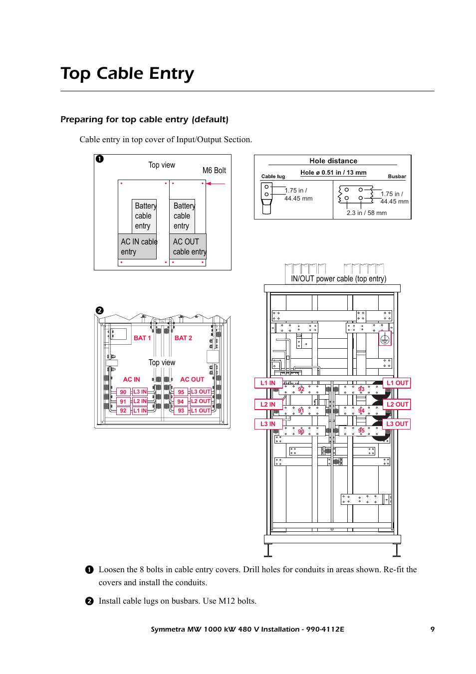 Top cable entry, Preparing for top cable entry (default) | American Power Conversion Symmetra MW User Manual | Page 13 / 42