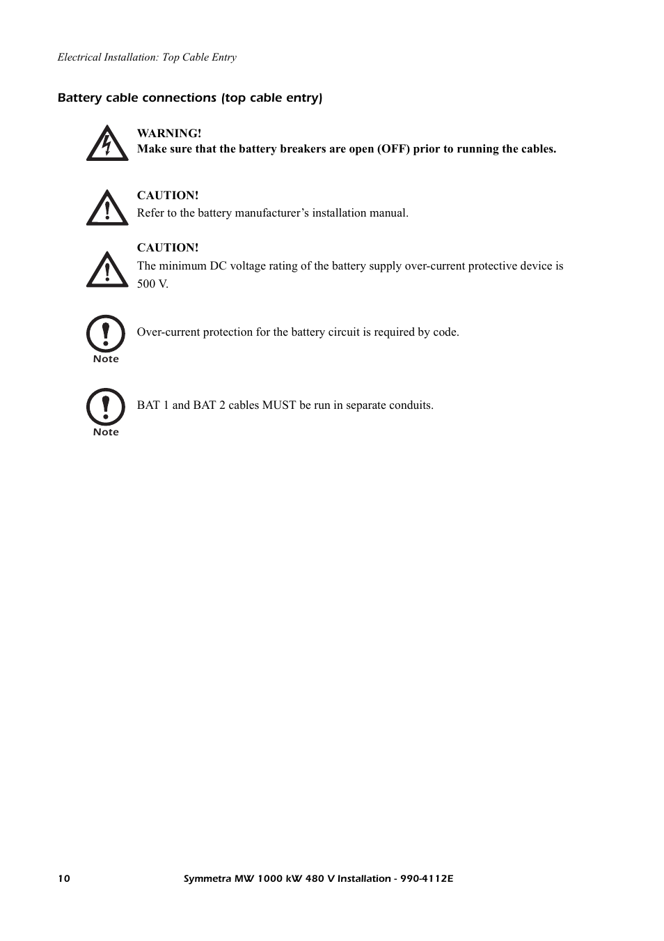 Battery cable connections (top cable entry) | American Power Conversion Symmetra MW User Manual | Page 14 / 42