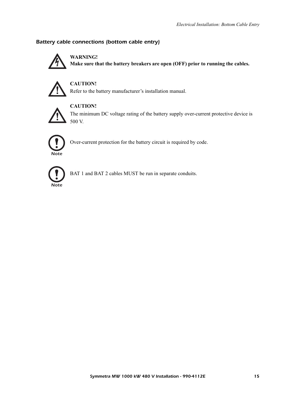 Battery cable connections (bottom cable entry) | American Power Conversion Symmetra MW User Manual | Page 19 / 42