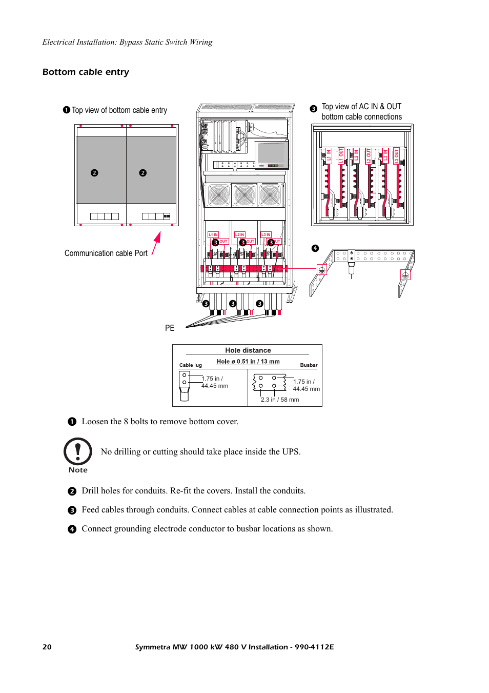 Bottom cable entry, Loosen the 8 bolts to remove bottom cover | American Power Conversion Symmetra MW User Manual | Page 24 / 42