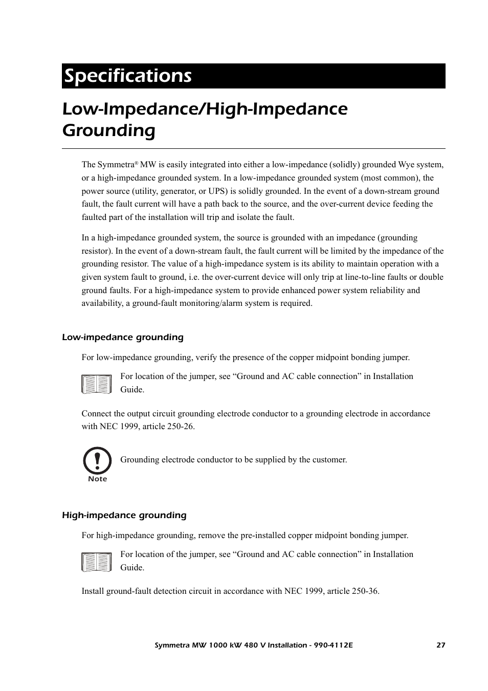 Specifications, Low-impedance/high-impedance grounding, Low-impedance grounding | High-impedance grounding | American Power Conversion Symmetra MW User Manual | Page 31 / 42