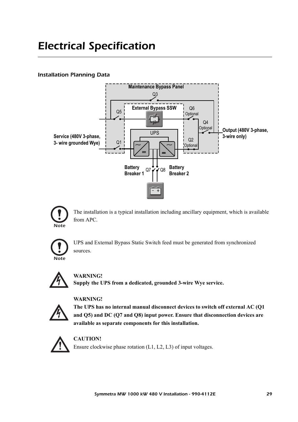 Electrical specification, Installation planning data | American Power Conversion Symmetra MW User Manual | Page 33 / 42