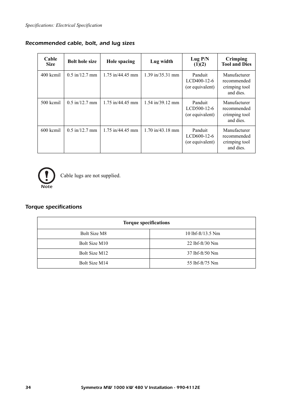 Recommended cable, bolt, and lug sizes, Torque specifications | American Power Conversion Symmetra MW User Manual | Page 38 / 42