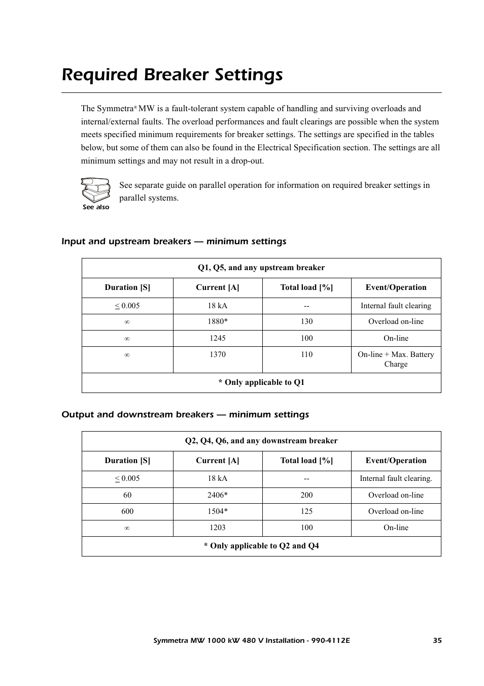 Required breaker settings, Input and upstream breakers — minimum settings, Output and downstream breakers — minimum settings | American Power Conversion Symmetra MW User Manual | Page 39 / 42