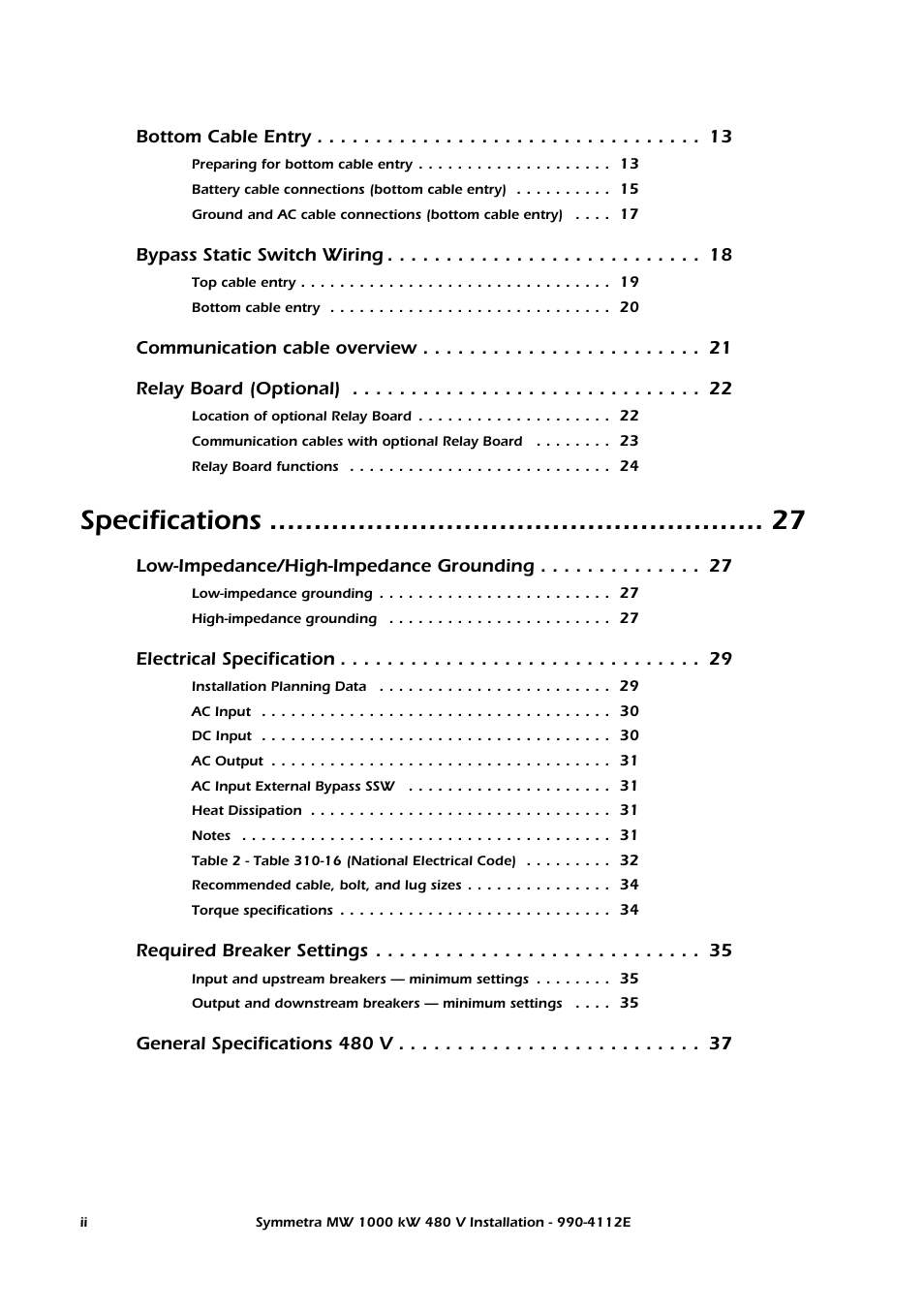 Specifications, Bottom cable entry, Bypass static switch wiring | Low-impedance/high-impedance grounding, Electrical specification, Required breaker settings, General specifications 480 v | American Power Conversion Symmetra MW User Manual | Page 4 / 42