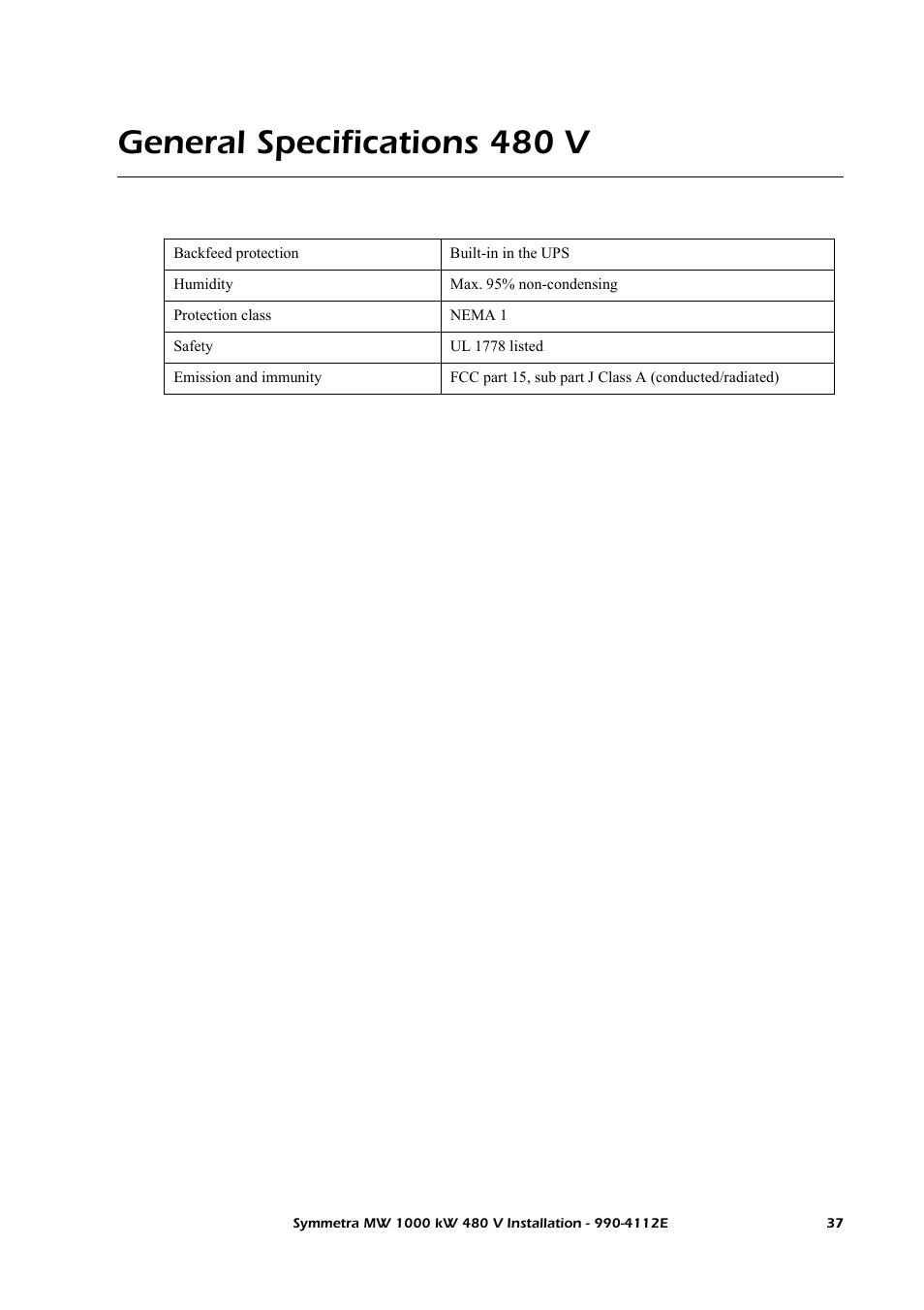 General specifications 480 v | American Power Conversion Symmetra MW User Manual | Page 41 / 42