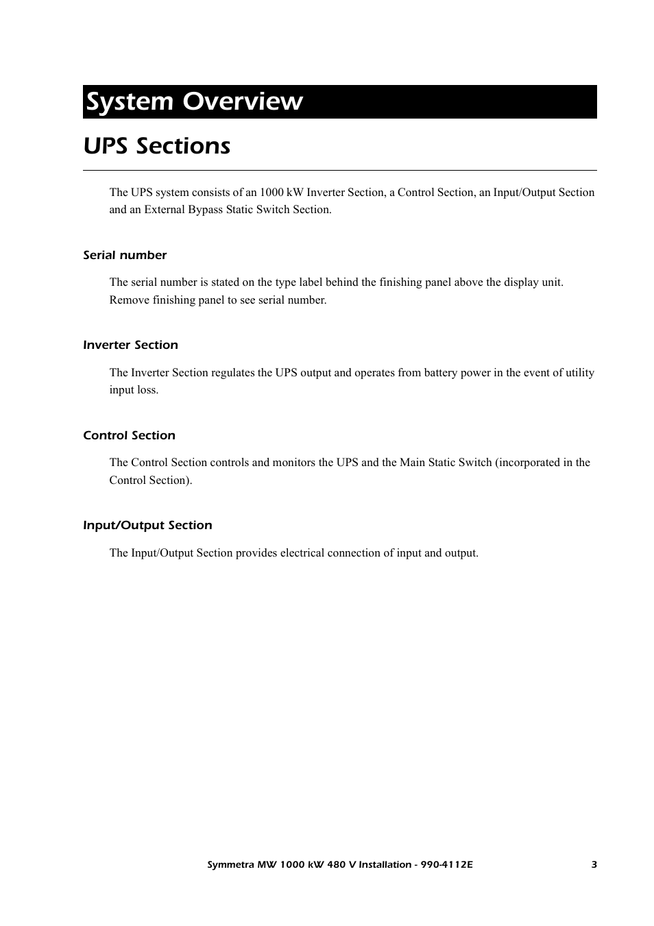 System overview, Ups sections, Serial number | Inverter section, Control section, Input/output section | American Power Conversion Symmetra MW User Manual | Page 7 / 42