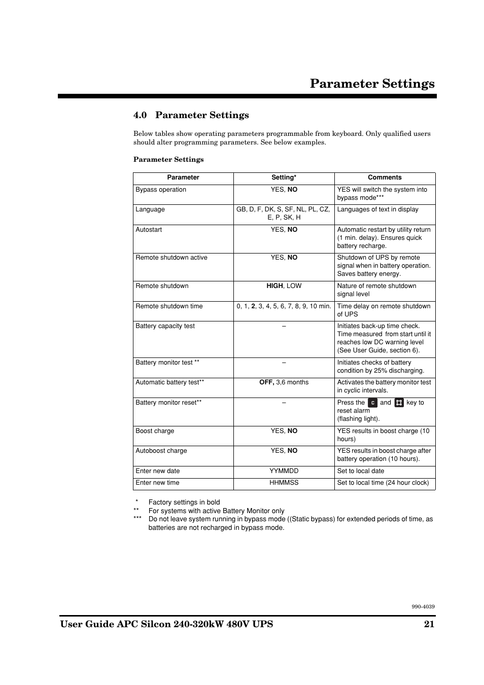 Parameter settings | American Power Conversion 240-320kW 480V User Manual | Page 21 / 31