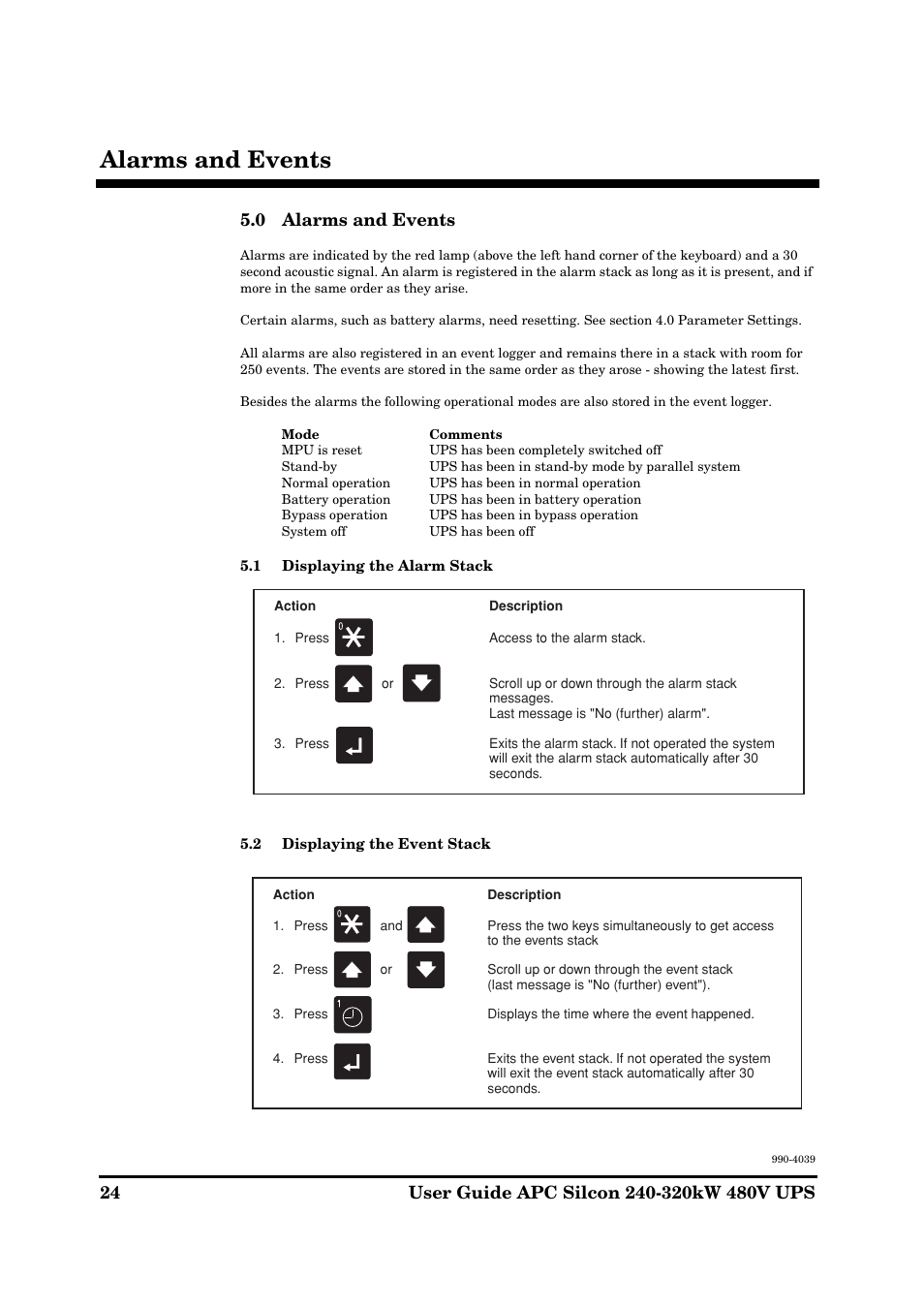 Alarms and events, 0 alarms and events | American Power Conversion 240-320kW 480V User Manual | Page 24 / 31