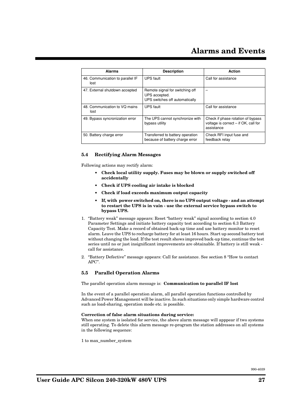 Alarms and events | American Power Conversion 240-320kW 480V User Manual | Page 27 / 31