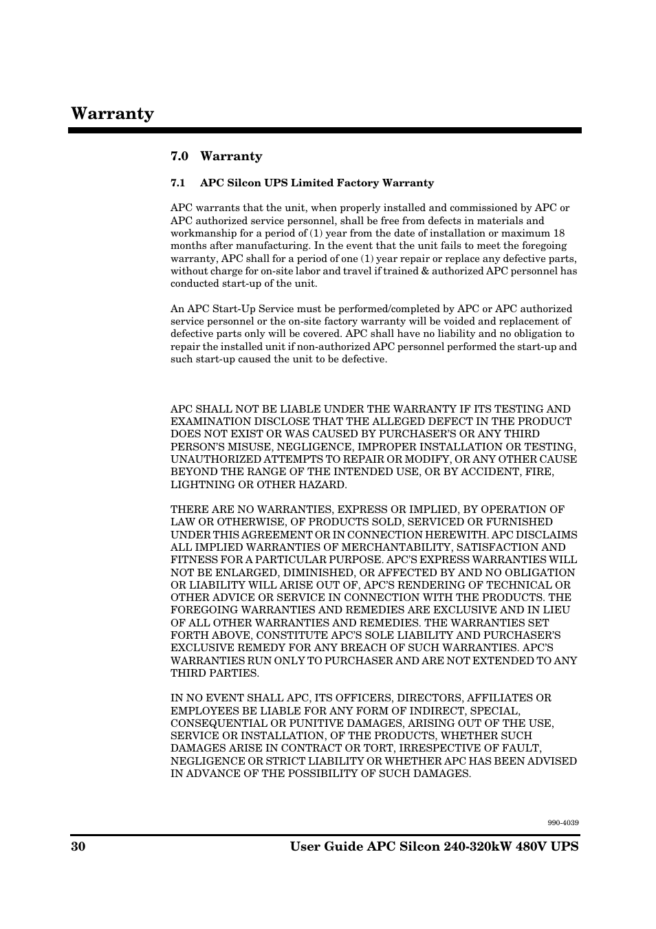 Warranty | American Power Conversion 240-320kW 480V User Manual | Page 30 / 31