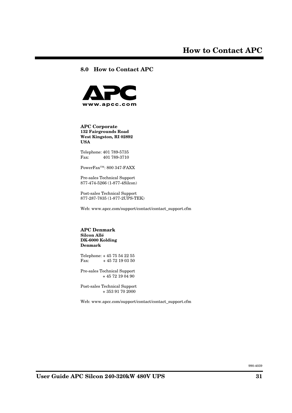 How to contact apc | American Power Conversion 240-320kW 480V User Manual | Page 31 / 31