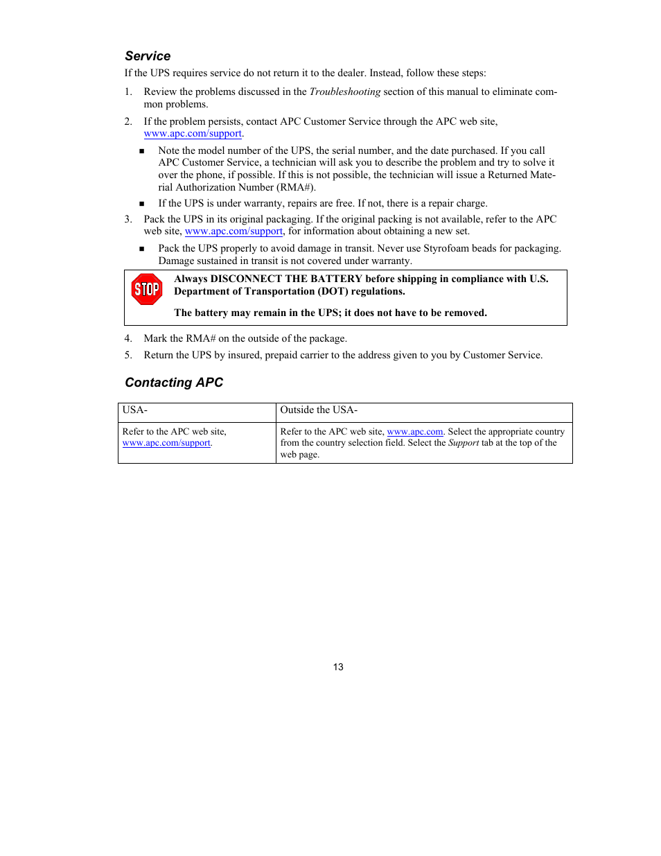 Service, Contacting apc | American Power Conversion 750 VA User Manual | Page 15 / 17