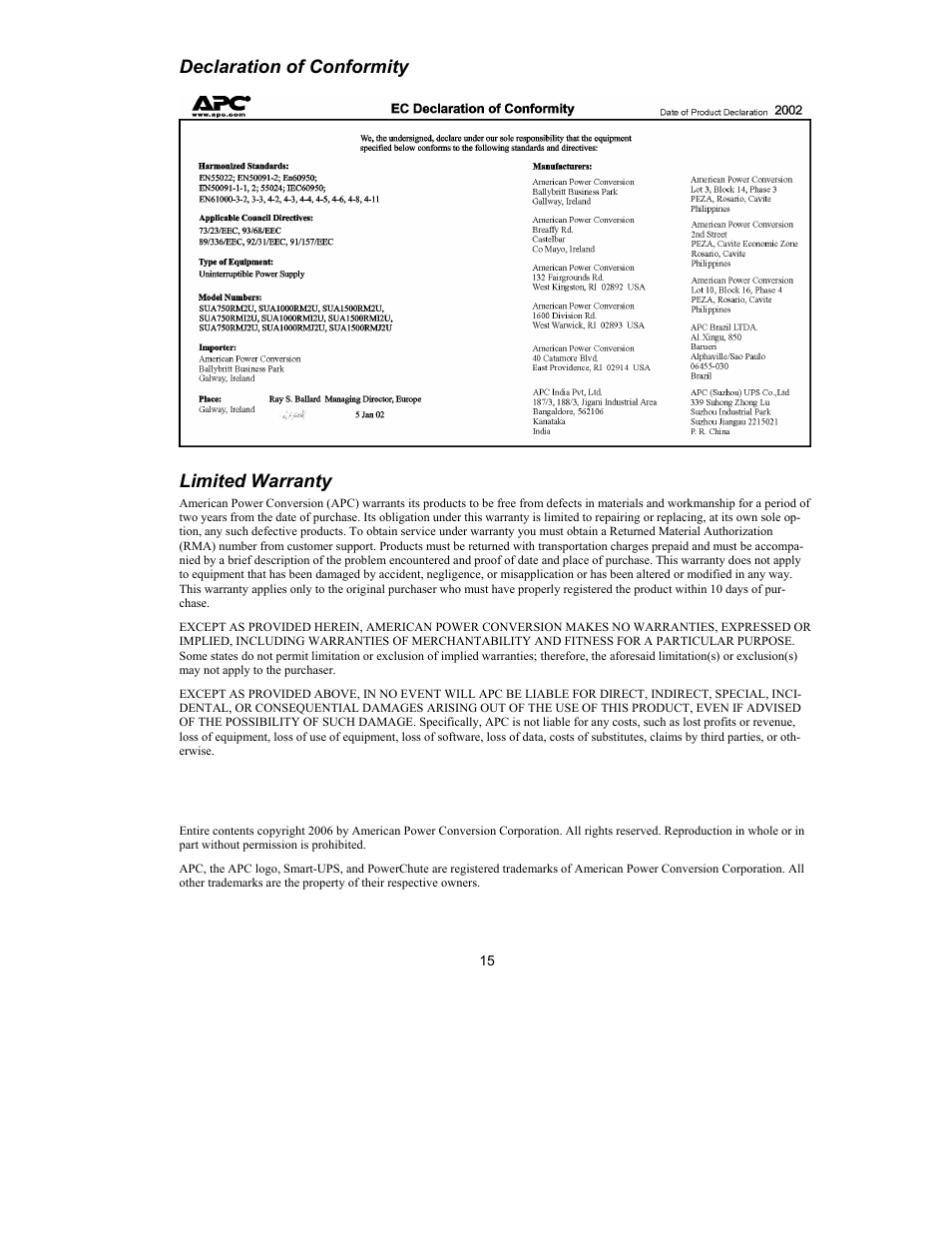 Declaration of conformity, Limited warranty | American Power Conversion 750 VA User Manual | Page 17 / 17