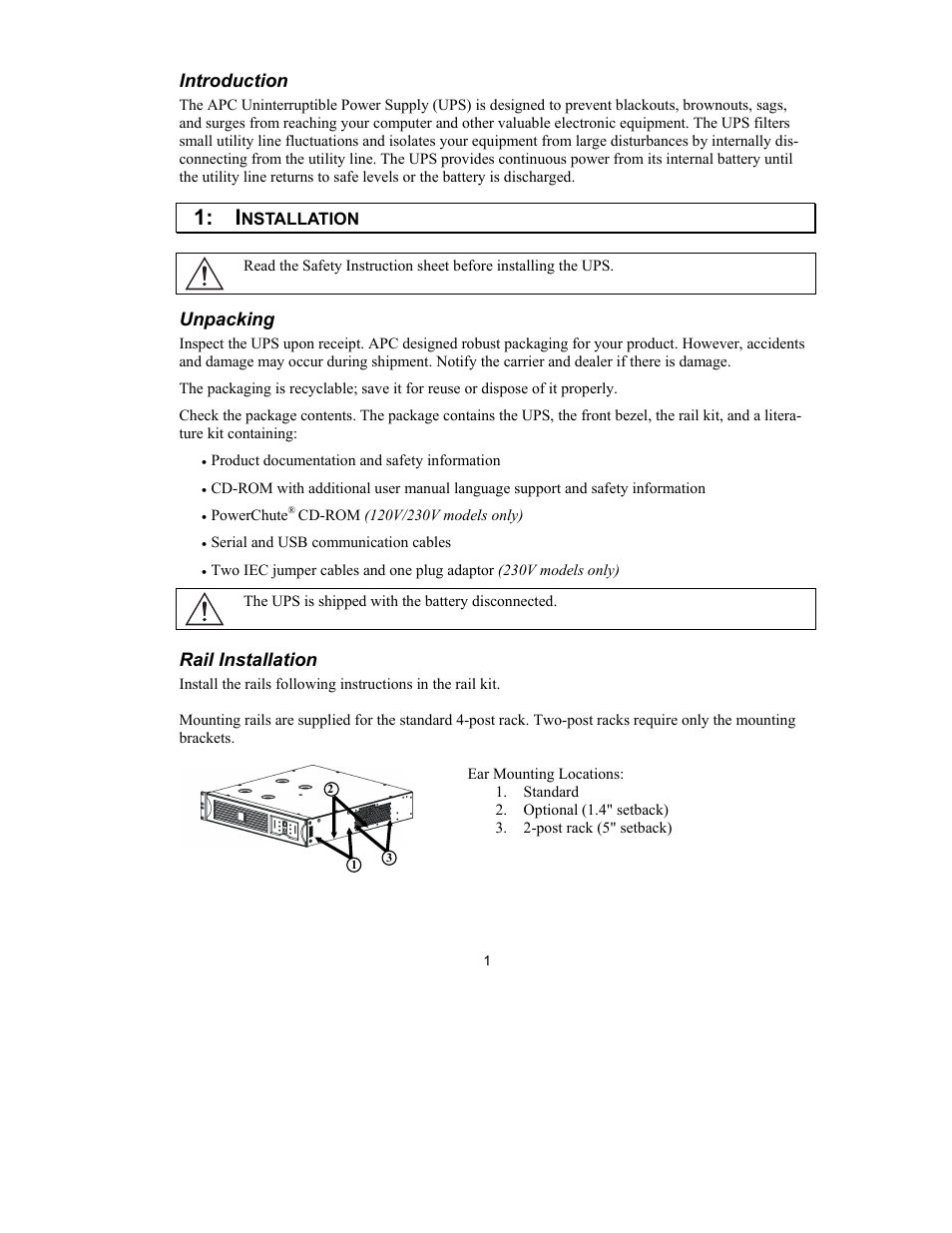 Introduction, Unpacking, Rail installation | American Power Conversion 750 VA User Manual | Page 3 / 17