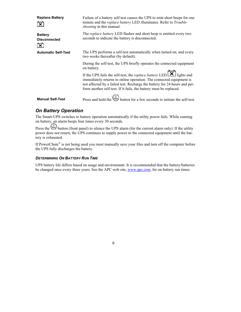 On battery operation | American Power Conversion 750 VA User Manual | Page 8 / 17