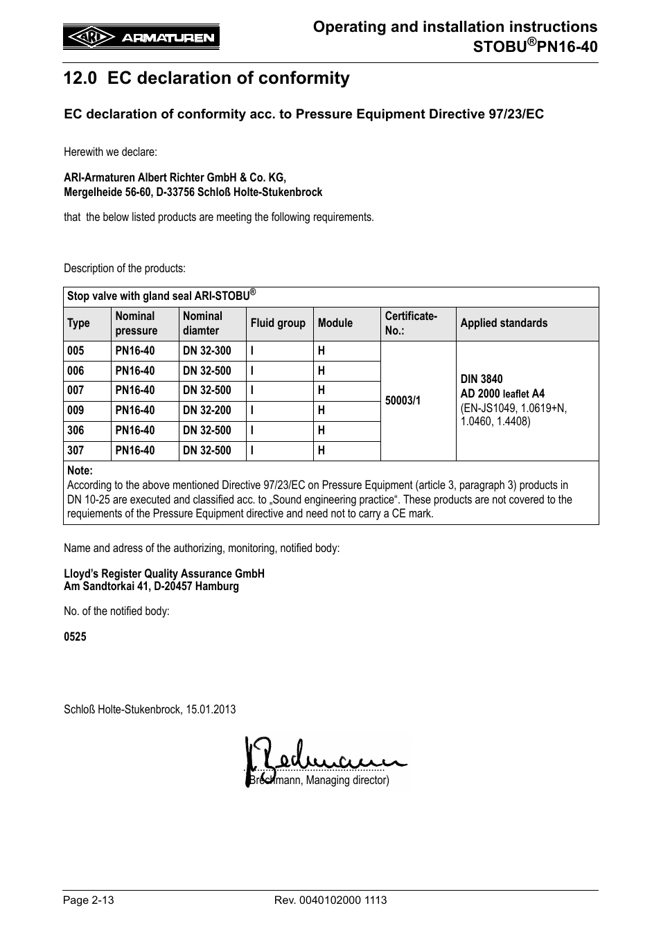 0 ec declaration of conformity, Operating and installation instructions stobu, Pn16-40 | ARI Armaturen STOBU PN 40 EN User Manual | Page 13 / 13