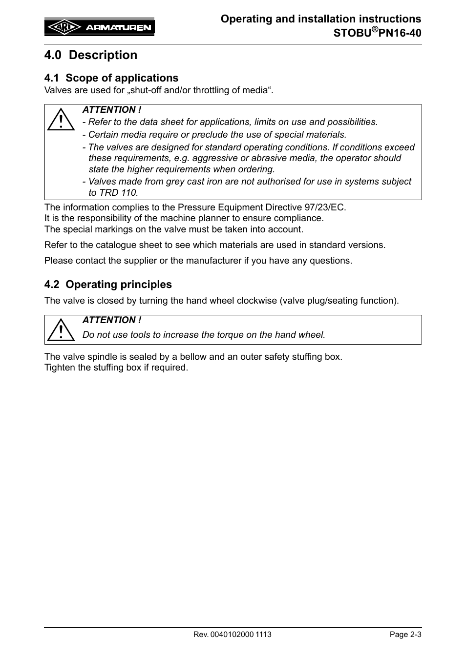 0 description, 1 scope of applications, 2 operating principles | ARI Armaturen STOBU PN 40 EN User Manual | Page 3 / 13