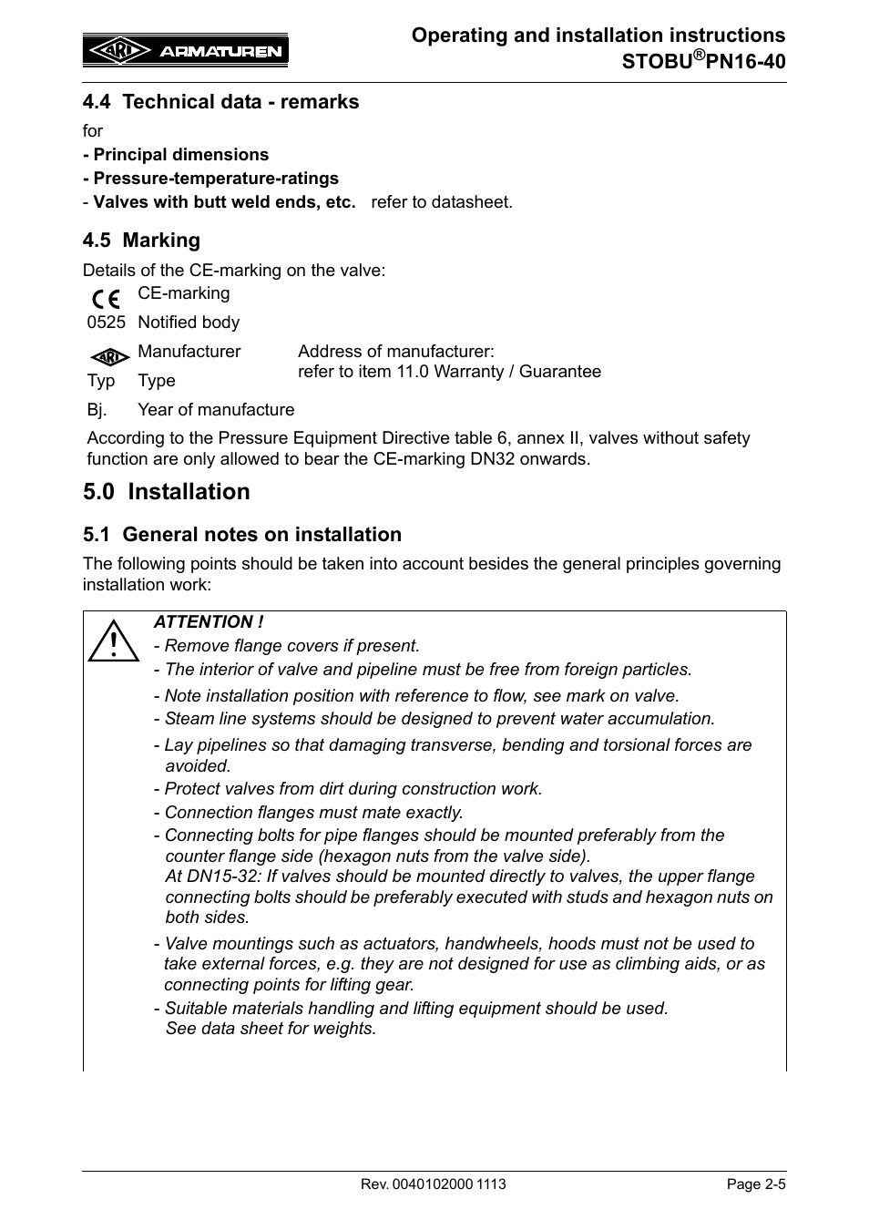 4 technical data - remarks, 5 marking, 0 installation | 1 general notes on installation | ARI Armaturen STOBU PN 40 EN User Manual | Page 5 / 13