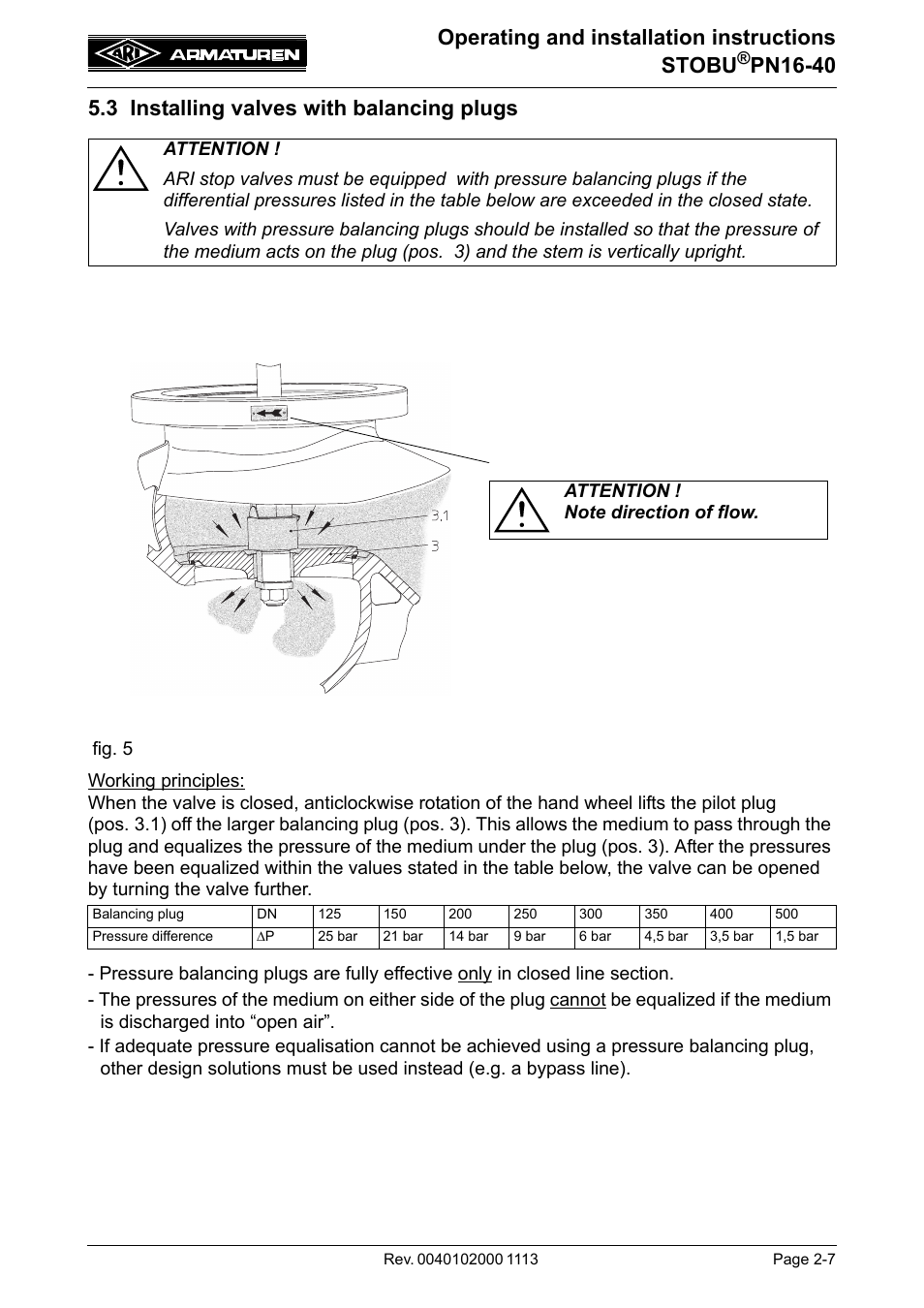 3 installing valves with balancing plugs, Operating and installation instructions stobu, Pn16-40 | ARI Armaturen STOBU PN 40 EN User Manual | Page 7 / 13