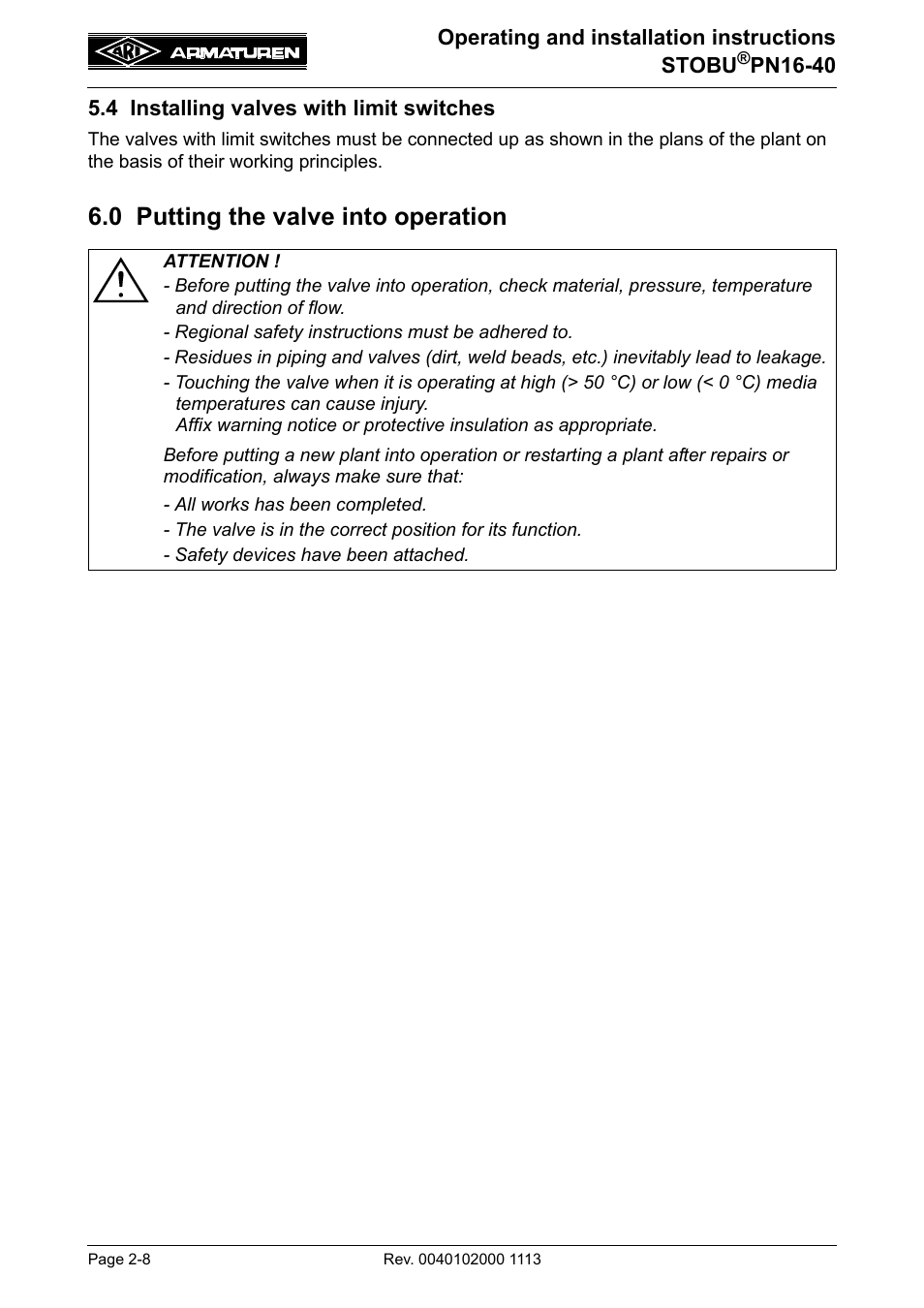 4 installing valves with limit switches, 0 putting the valve into operation | ARI Armaturen STOBU PN 40 EN User Manual | Page 8 / 13