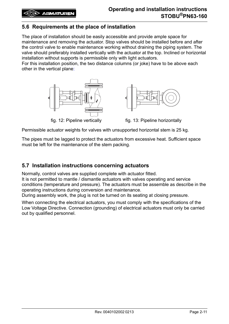 6 requirements at the place of installation, 7 installation instructions concerning actuators | ARI Armaturen STOBU PN63-160 EN User Manual | Page 11 / 18