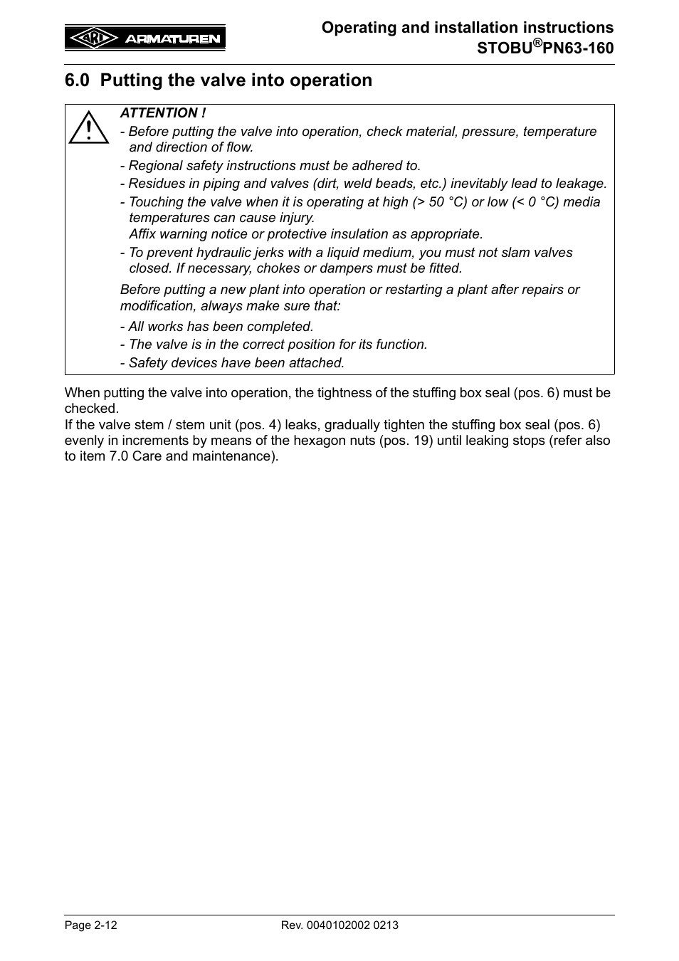 0 putting the valve into operation | ARI Armaturen STOBU PN63-160 EN User Manual | Page 12 / 18