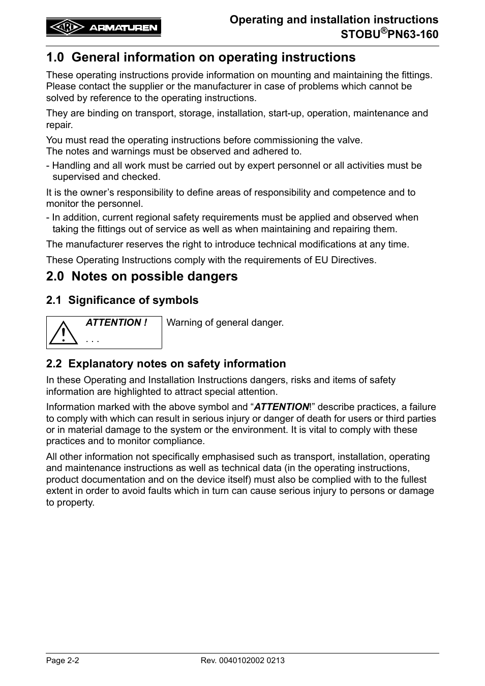 0 general information on operating instructions, 0 notes on possible dangers, 1 significance of symbols | 2 explanatory notes on safety information | ARI Armaturen STOBU PN63-160 EN User Manual | Page 2 / 18