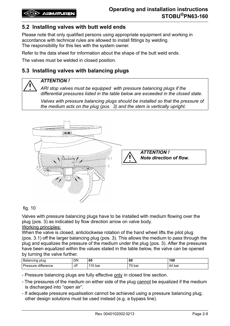 2 installing valves with butt weld ends, 3 installing valves with balancing plugs, Operating and installation instructions stobu | ARI Armaturen STOBU PN63-160 EN User Manual | Page 9 / 18