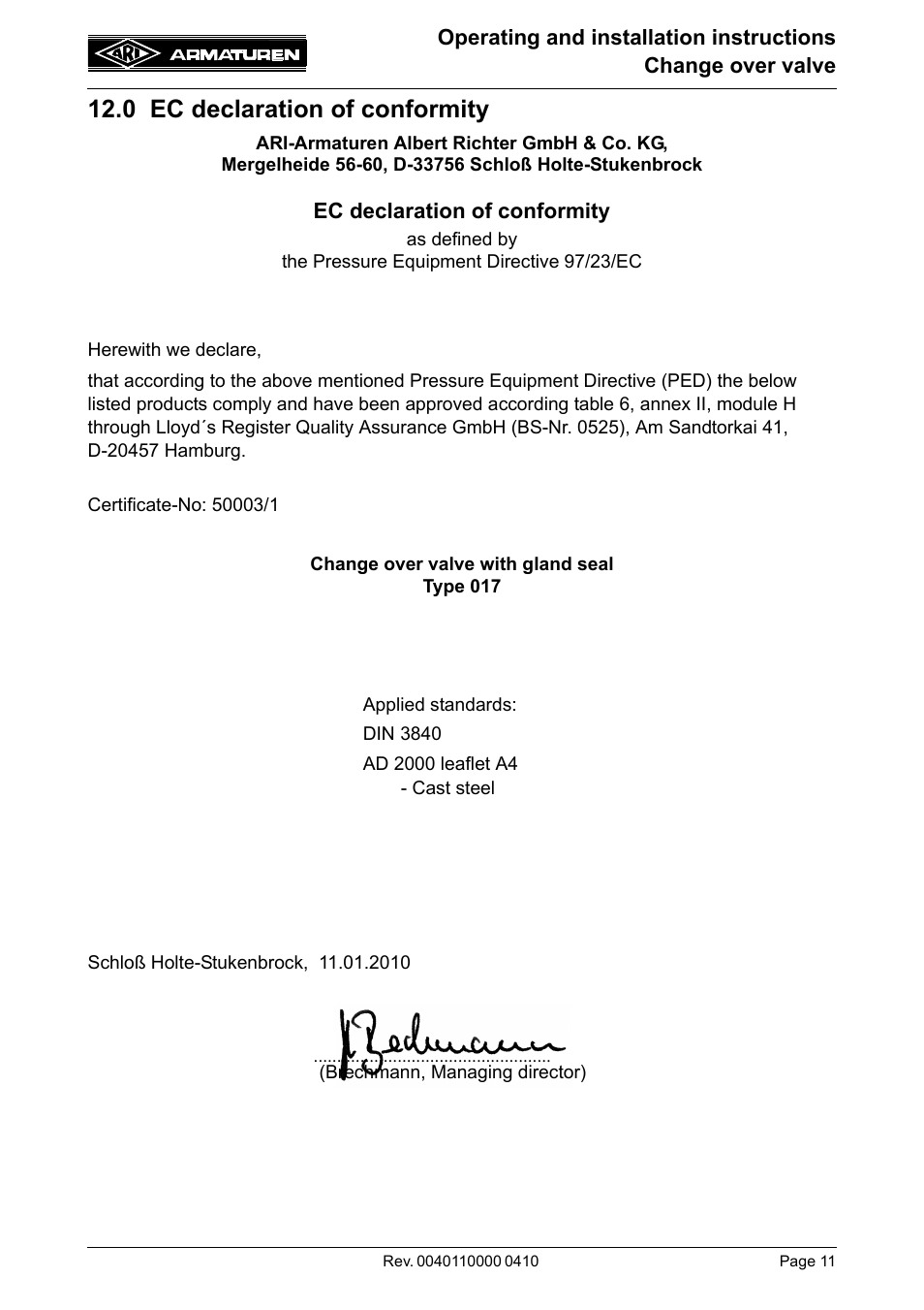 0 ec declaration of conformity | ARI Armaturen Metallic sealing EN User Manual | Page 11 / 11