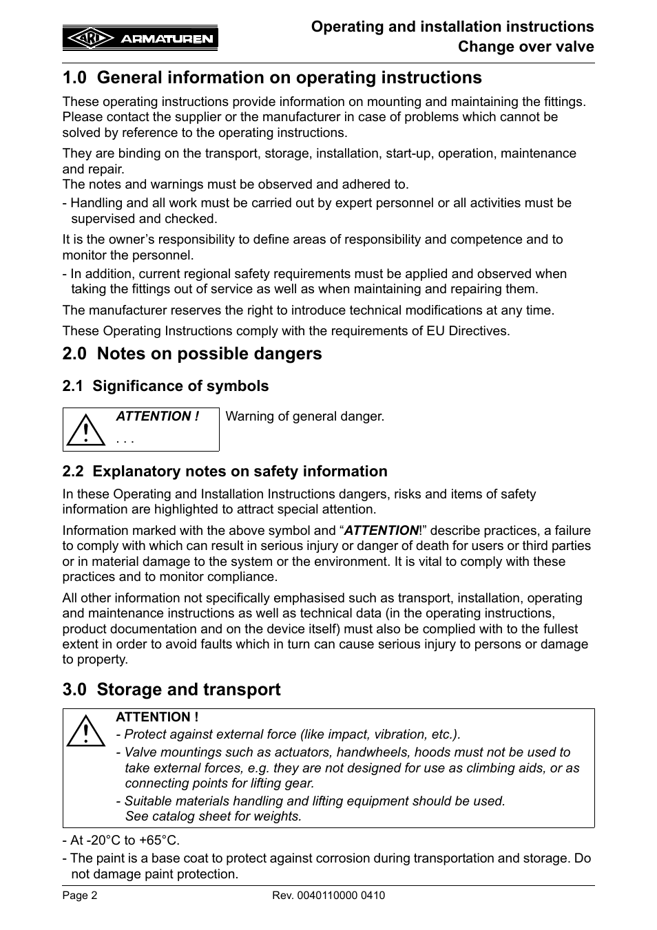 0 general information on operating instructions, 0 notes on possible dangers, 1 significance of symbols | 2 explanatory notes on safety information, 0 storage and transport | ARI Armaturen Metallic sealing EN User Manual | Page 2 / 11