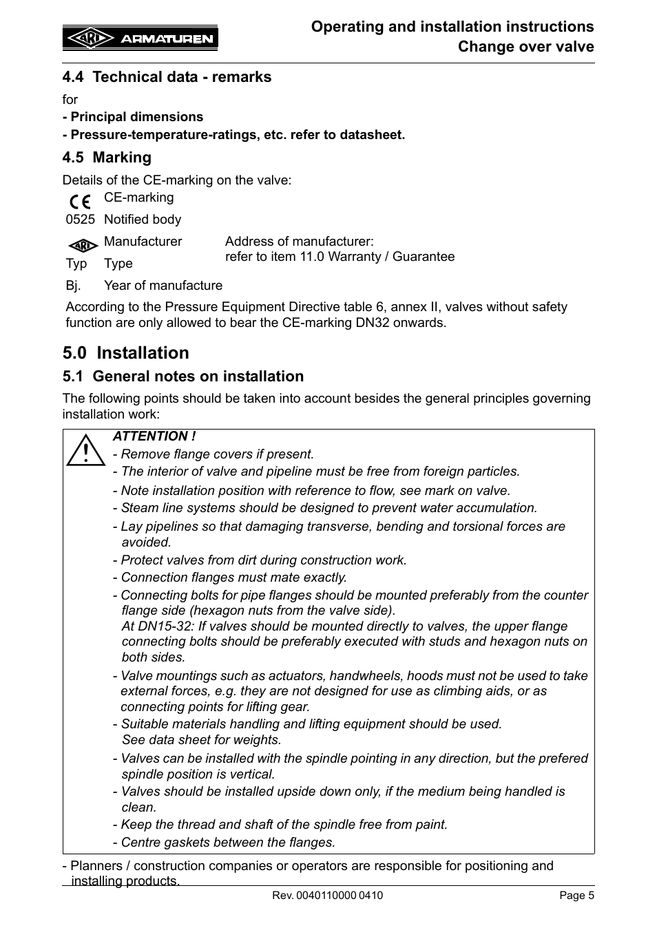 4 technical data - remarks, 5 marking, 0 installation | 1 general notes on installation | ARI Armaturen Metallic sealing EN User Manual | Page 5 / 11