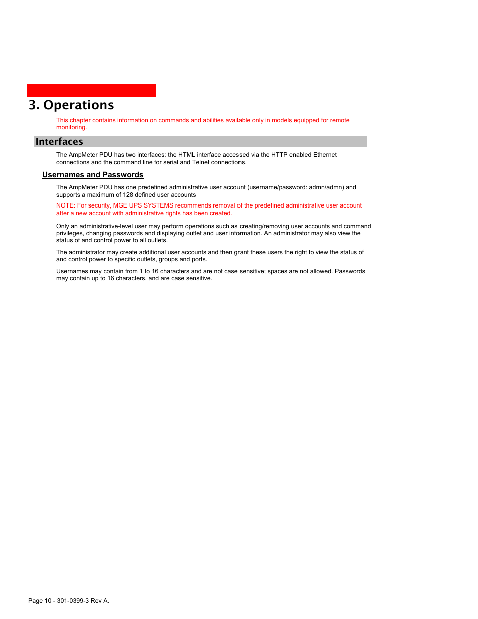 Interfaces, Usernames and passwords, Perations | Nterfaces, Usernames and passwords 10, Operations | American Power Conversion AmpMeter PDU User Manual | Page 10 / 52