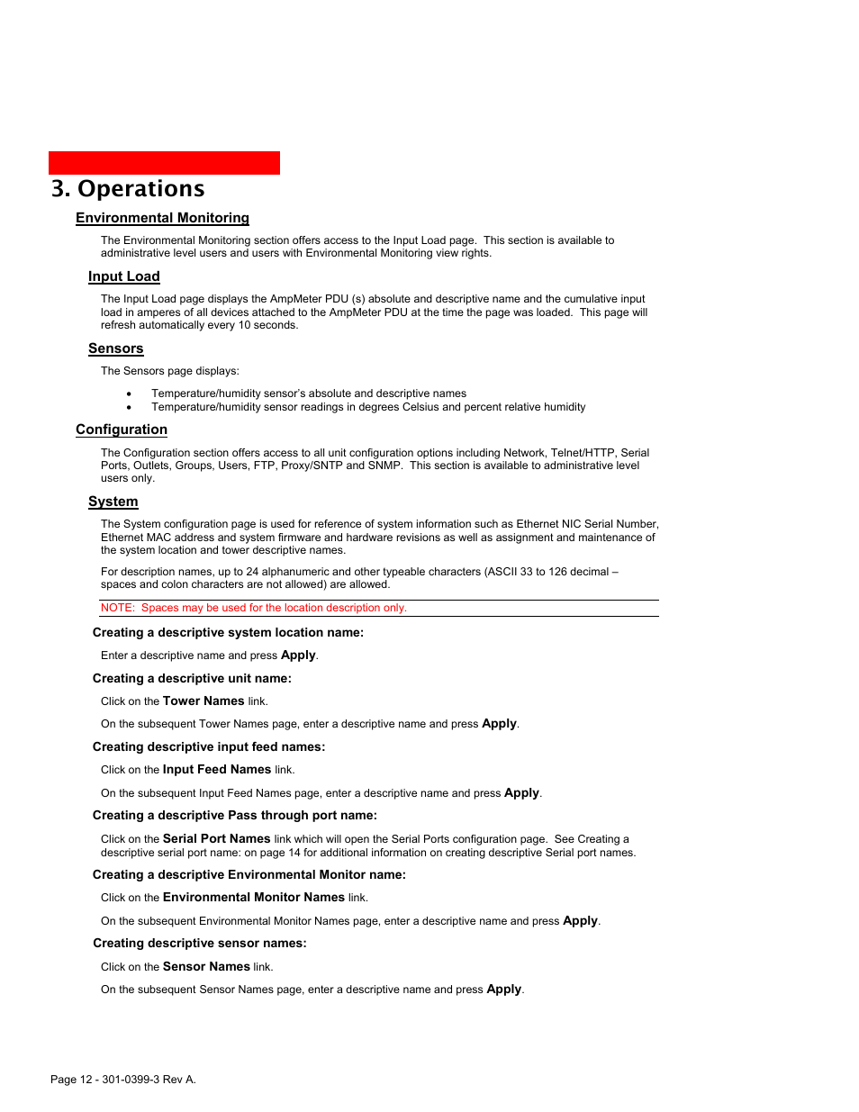 Environmental monitoring, Input load, Sensors | Configuration, System, Environmental monitoring 12, Operations | American Power Conversion AmpMeter PDU User Manual | Page 12 / 52