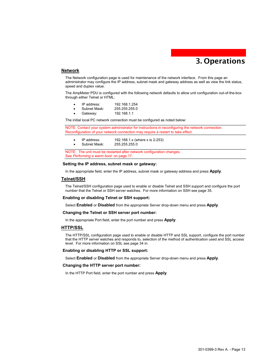 Network, Telnet/ssh, Http/ssl | Operations | American Power Conversion AmpMeter PDU User Manual | Page 13 / 52