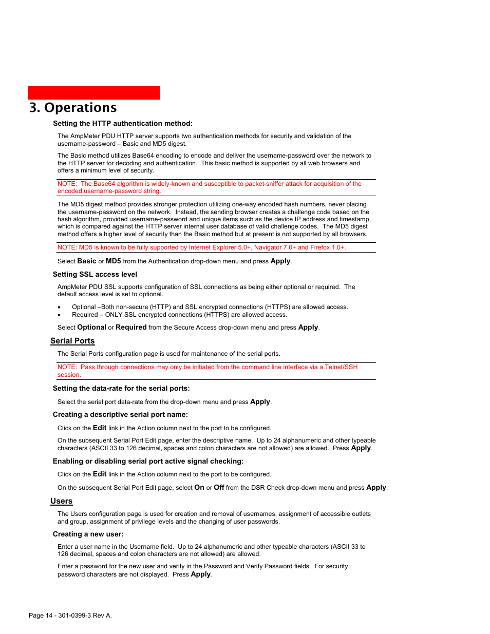 Serial ports, Users, Operations | American Power Conversion AmpMeter PDU User Manual | Page 14 / 52