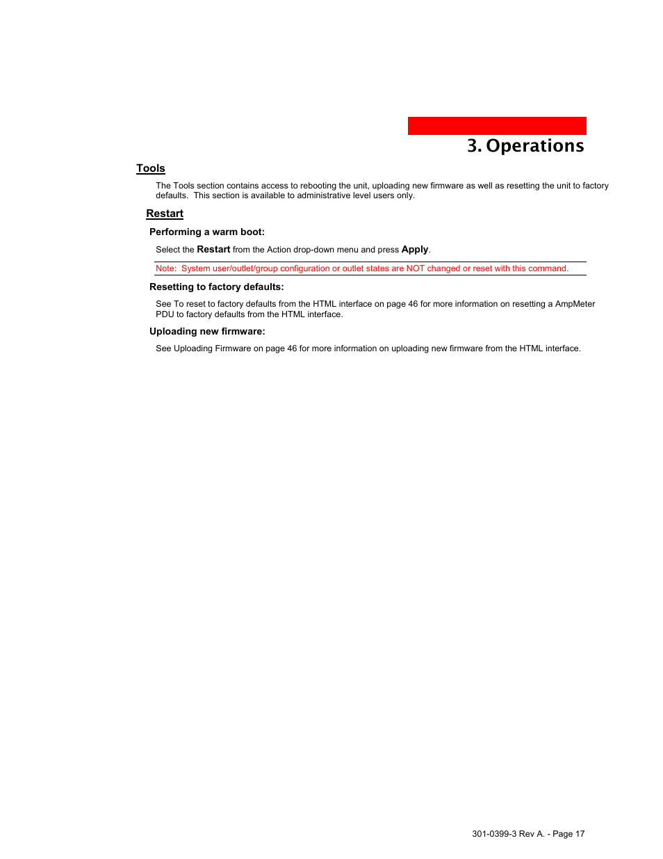 Tools, Restart, Operations | American Power Conversion AmpMeter PDU User Manual | Page 17 / 52