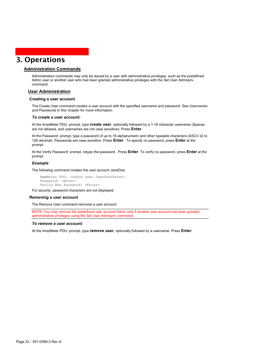 Administration commands, User administration, Administration commands 22 | Operations | American Power Conversion AmpMeter PDU User Manual | Page 22 / 52