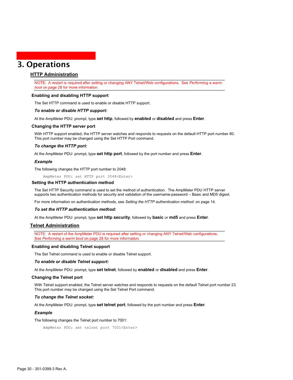 Http administration, Telnet administration, Operations | American Power Conversion AmpMeter PDU User Manual | Page 30 / 52