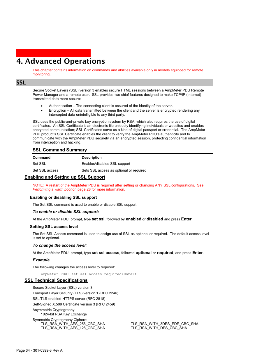 Enabling and setting up ssl support, Ssl technical specifications, Enabling and setting up ssl support 34 | Ssl technical specifications 34, Advanced operations | American Power Conversion AmpMeter PDU User Manual | Page 34 / 52