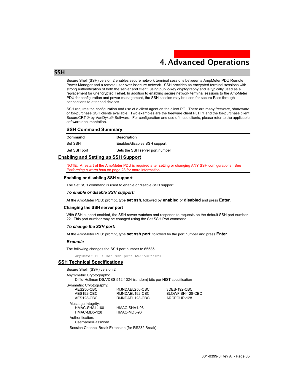 Enabling and setting up ssh support, Ssh technical specifications, Enabling and setting up ssh support 35 | Ssh technical specifications 35, Advanced operations | American Power Conversion AmpMeter PDU User Manual | Page 35 / 52