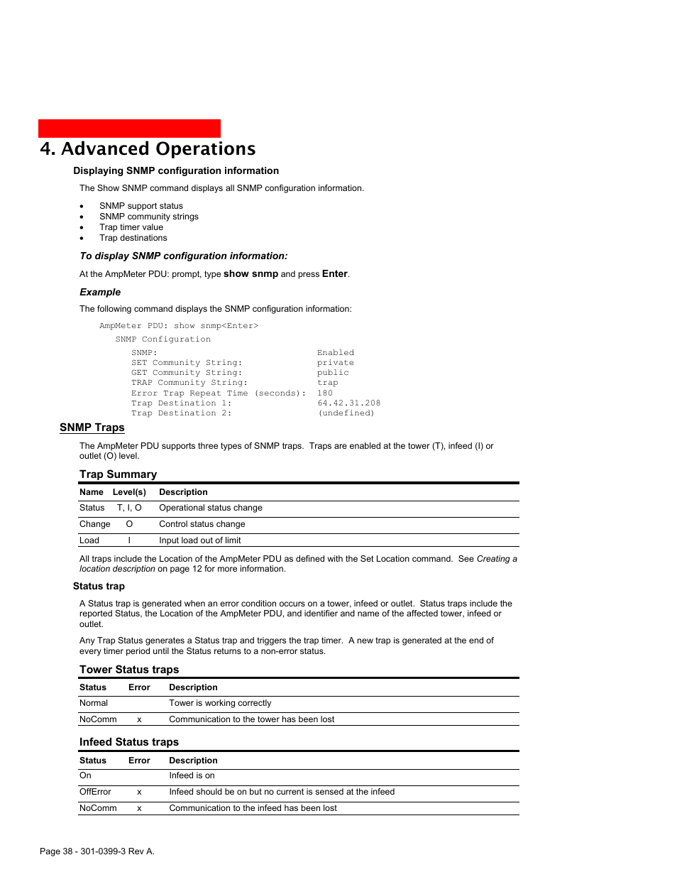 Snmp traps, Advanced operations | American Power Conversion AmpMeter PDU User Manual | Page 38 / 52