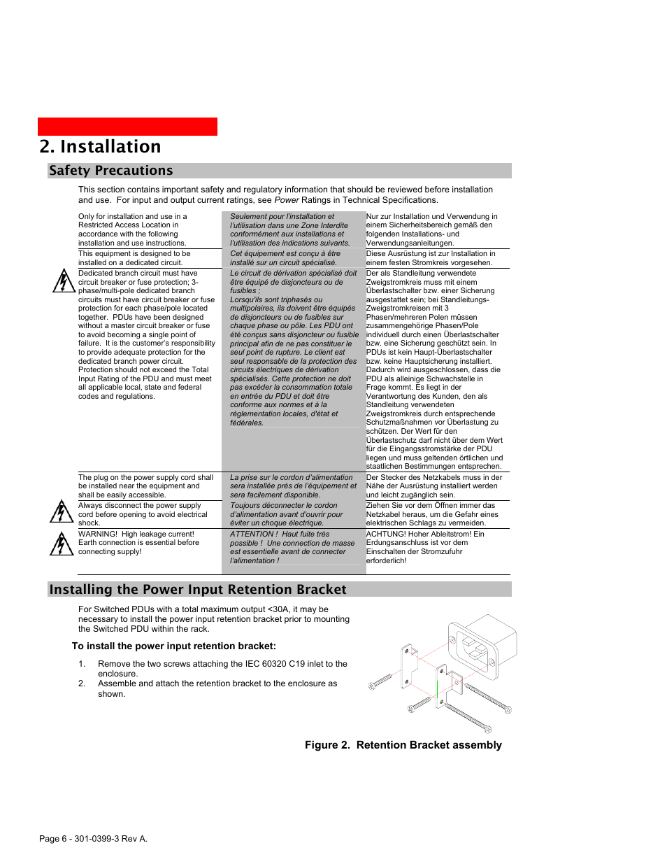 Safety precautions, Installing the power input retention bracket, Installation | American Power Conversion AmpMeter PDU User Manual | Page 6 / 52