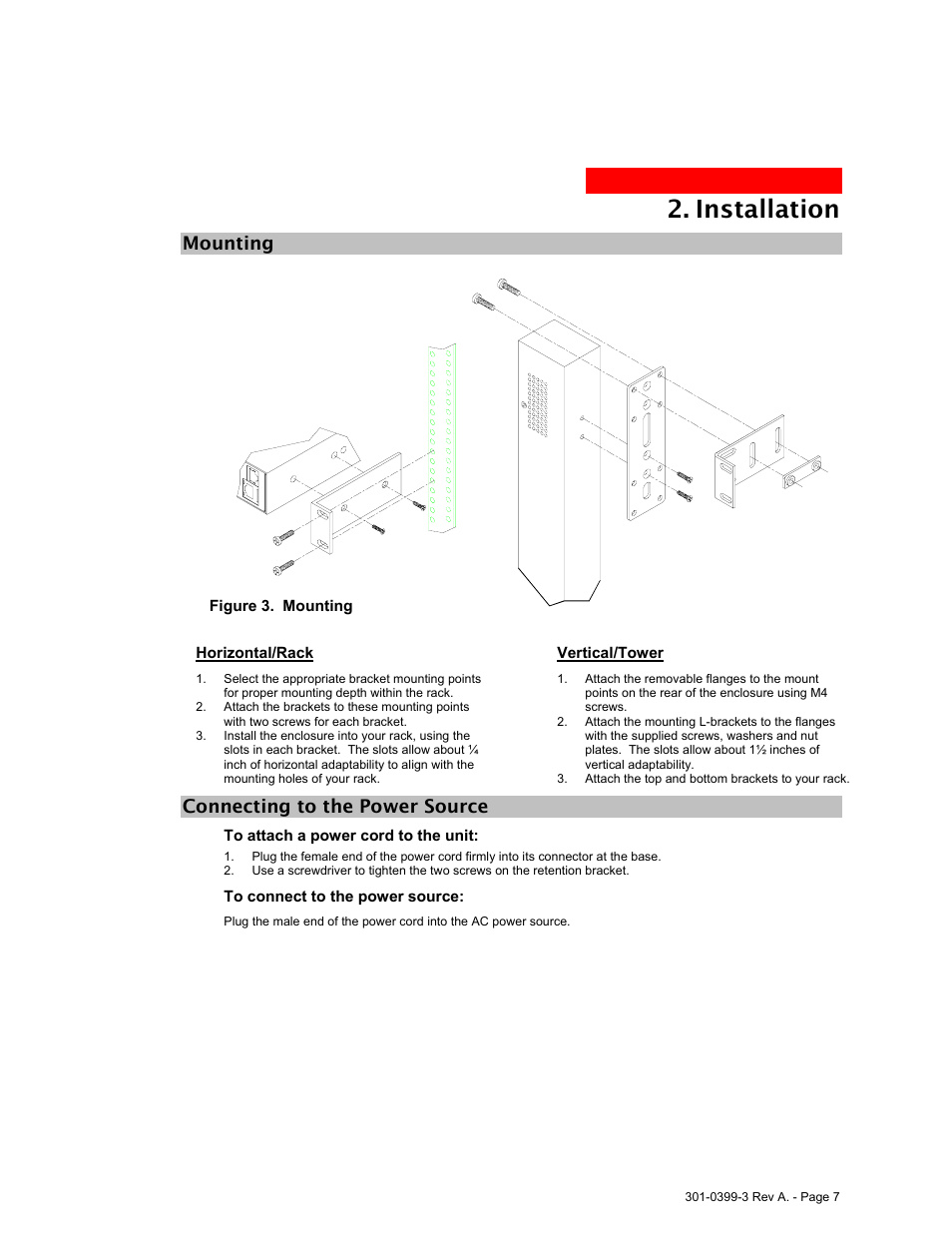 Mounting, Horizontal/rack, Vertical/tower | Connecting to the power source, Installation | American Power Conversion AmpMeter PDU User Manual | Page 7 / 52