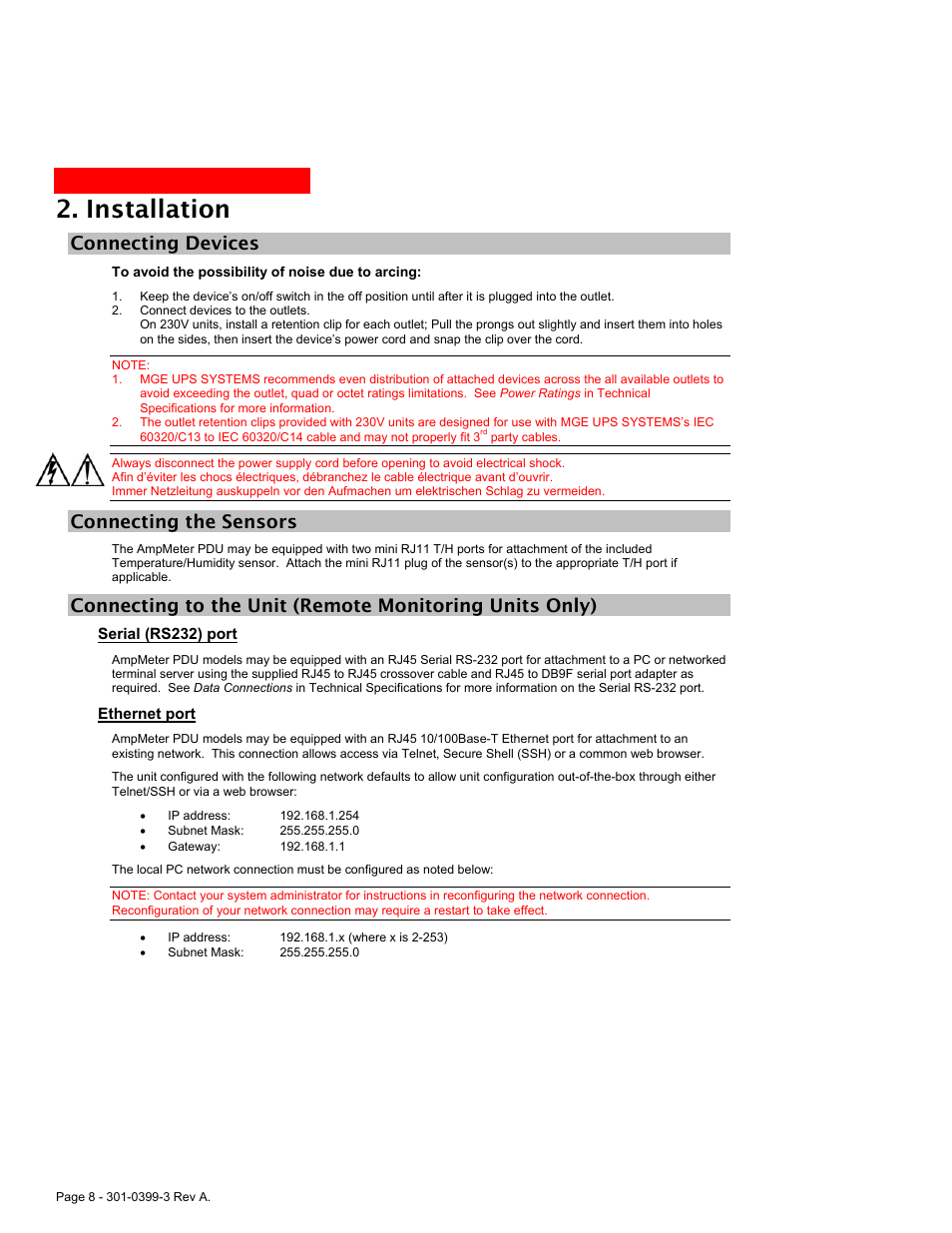 Connecting devices, Connecting the sensors, Serial (rs232) port | Ethernet port, Installation | American Power Conversion AmpMeter PDU User Manual | Page 8 / 52